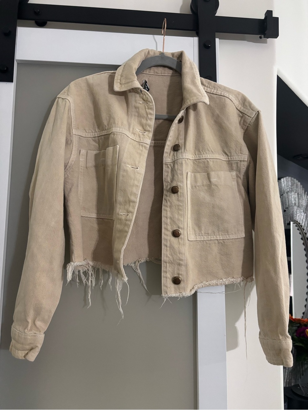 Zara Beige Cropped Denim Jacket with Raw Hem
